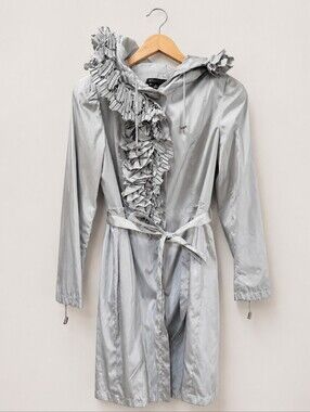 Etcetera Gray Trench Coat Lined - 8 - Gray Silver Ruffles Cascading Runway Inspo